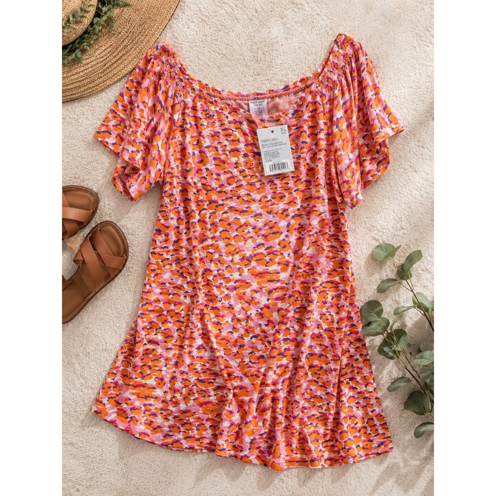 West Loop Women's Off Shoulder Leopard Print Dress XL Pink Orange Purple NWT